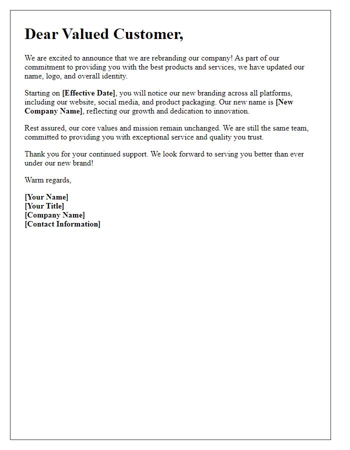 Letter template of rebranding announcement for customers