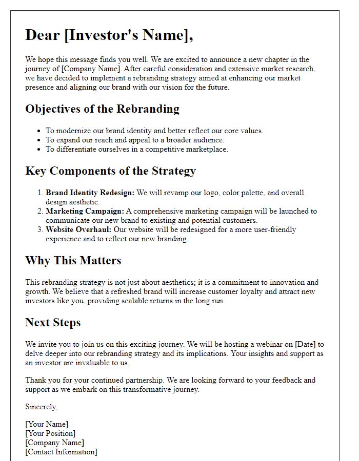 Letter template of rebranding strategy for investors