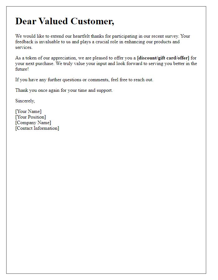 Letter template of customer appreciation for participation in a survey.