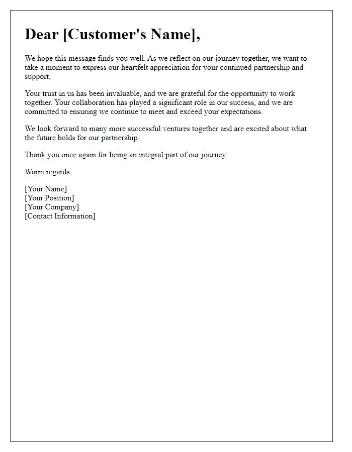 Letter template of customer appreciation for partnership support.