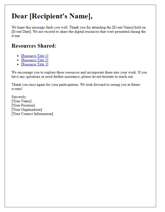 Letter template of digital resources sharing from the event