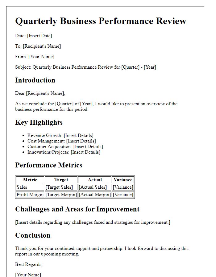 Letter template of quarterly business performance review