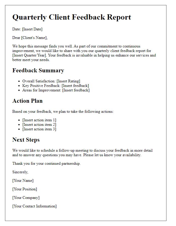 Letter template of quarterly client feedback report