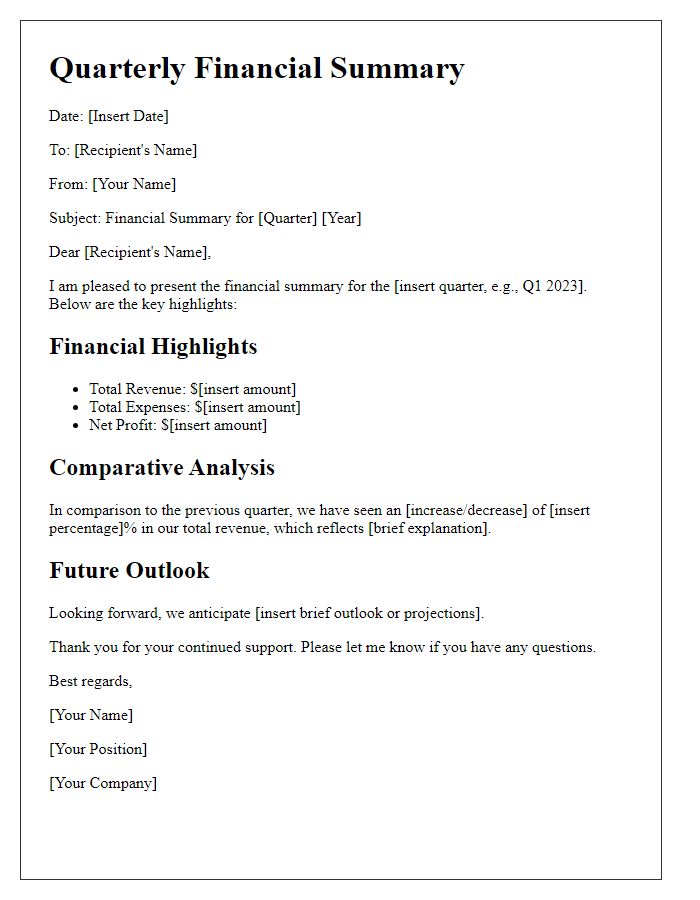 Letter template of quarterly financial summary