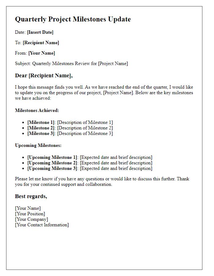 Letter template of quarterly project milestones