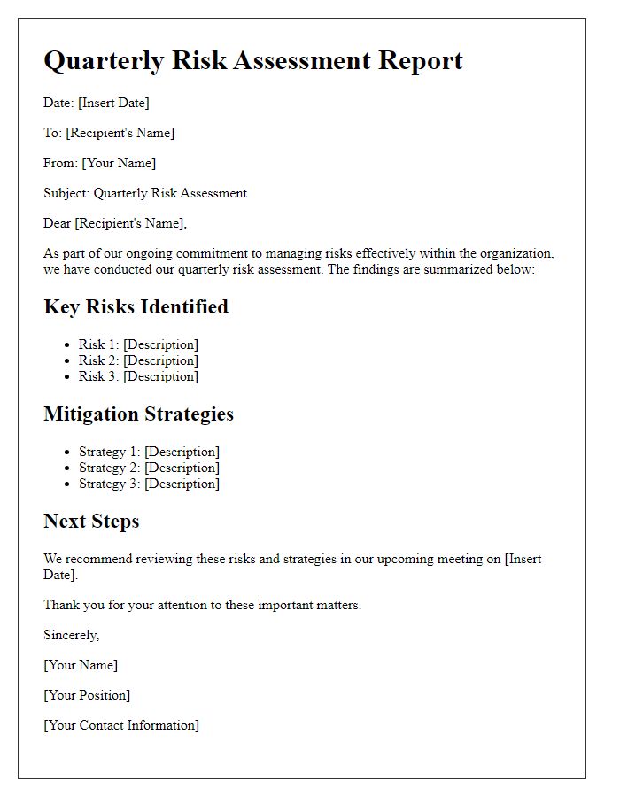 Letter template of quarterly risk assessment