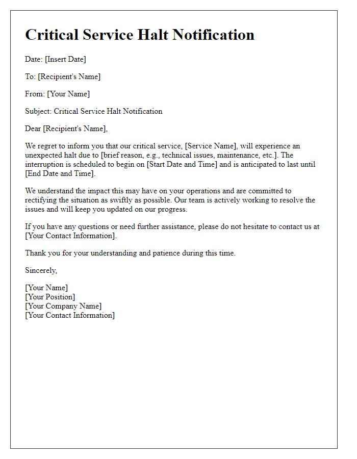 Letter template of critical service halt notification