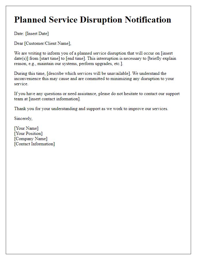 Letter template of planned service disruption communication