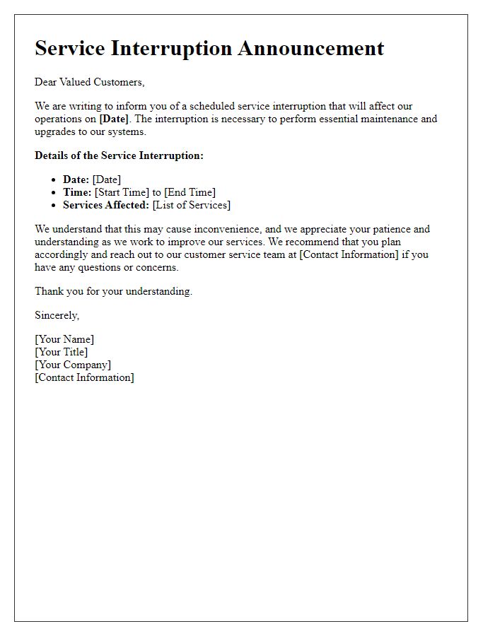 Letter template of service interruption announcement