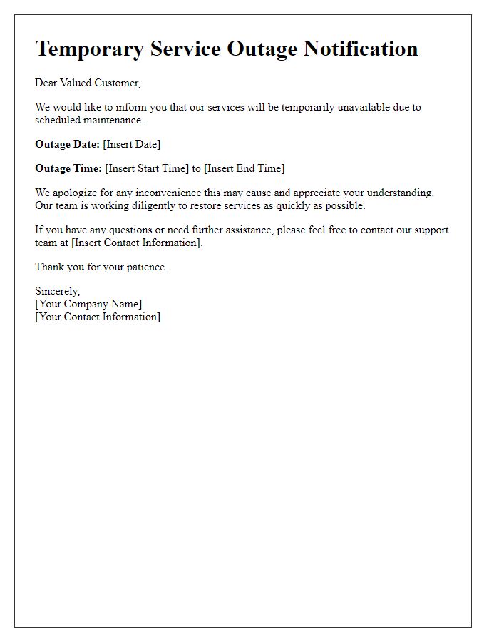 Letter template of temporary service outage notification