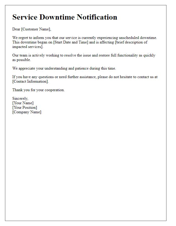 Letter template of unscheduled service downtime alert