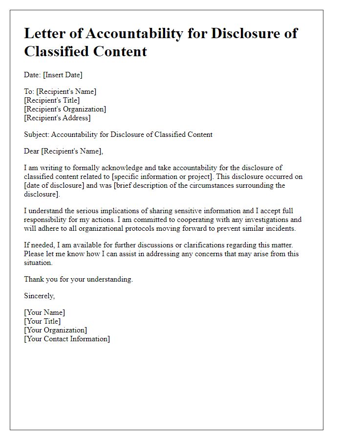 Letter template of accountability for disclosure of classified content