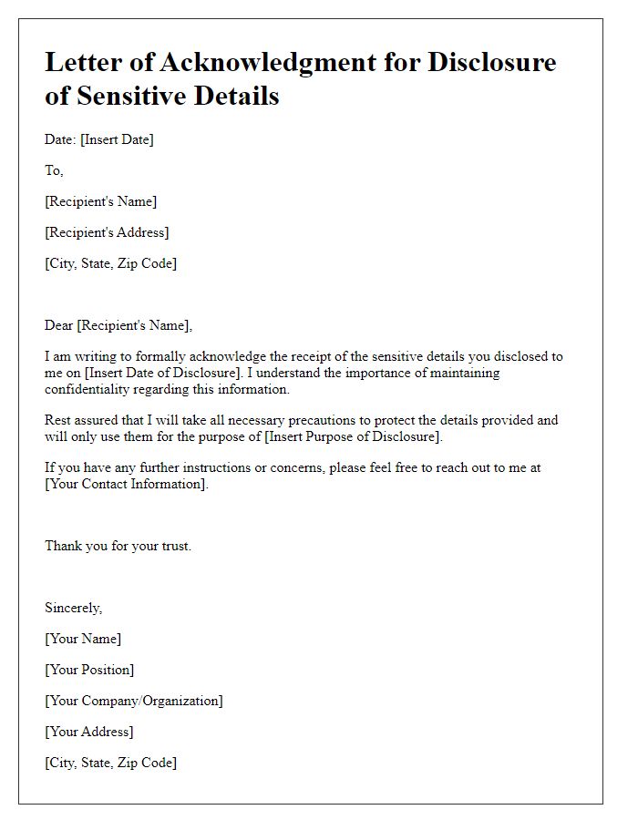 Letter template of acknowledgment for disclosing sensitive details