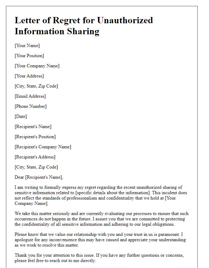 Letter template of regret for unauthorized information sharing