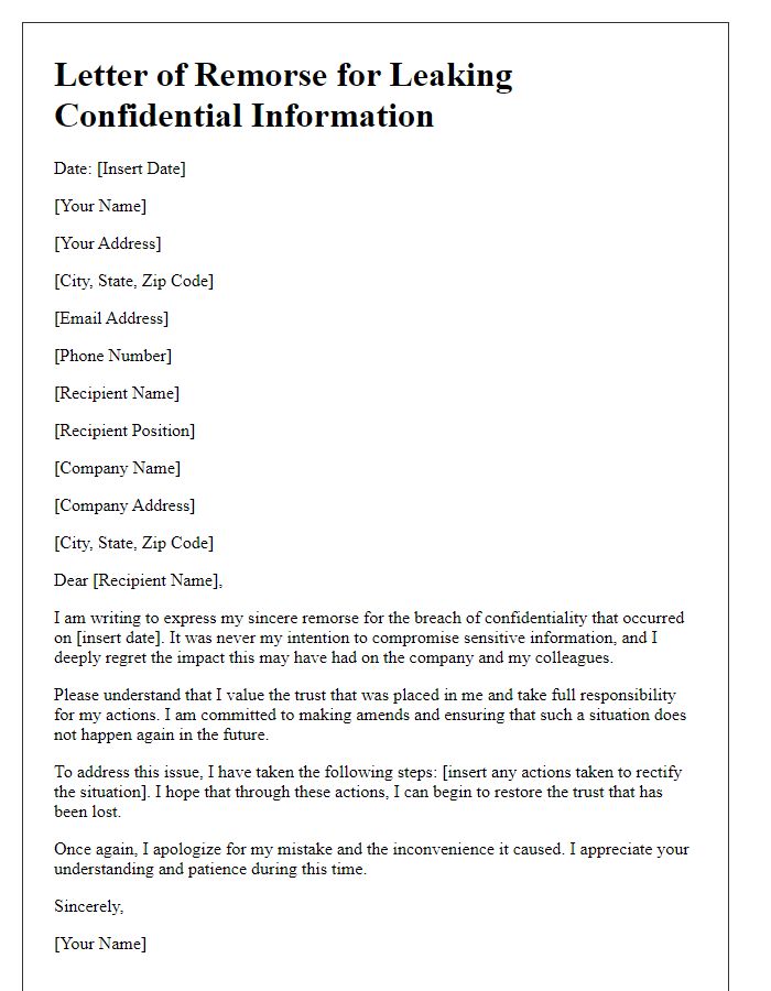 Letter template of remorse for leaking confidential information