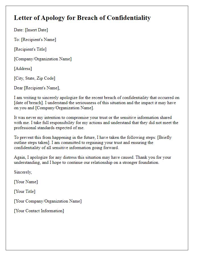 Letter template of sincere apology for breach of confidentiality