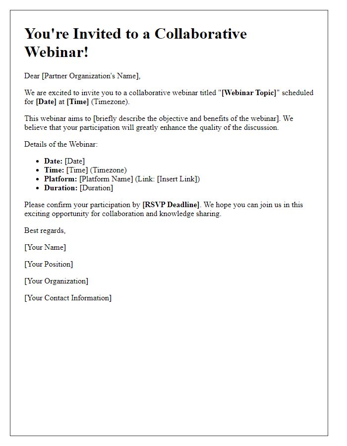 Letter template of a collaborative webinar invitation for partner organizations