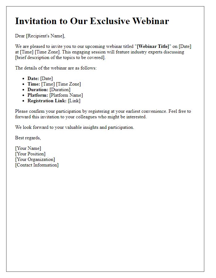 Letter template of a formal webinar invitation for industry professionals