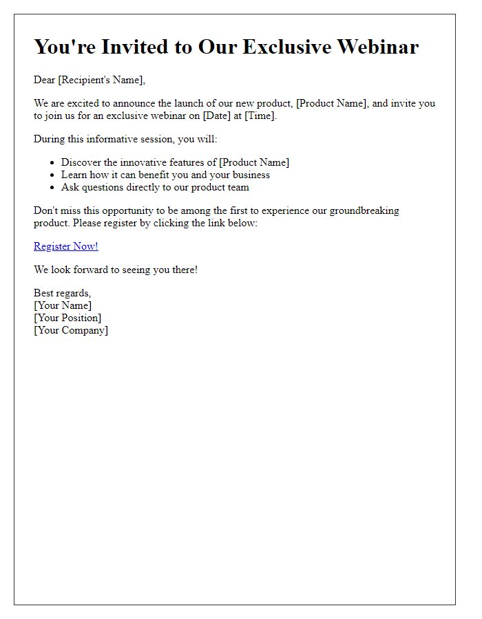 Letter template of a promotional webinar invitation for new product launch