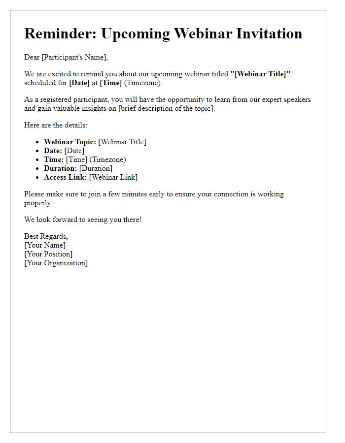 Letter template of a reminder webinar invitation for registered participants