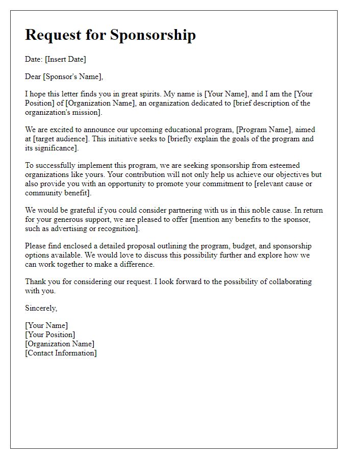 Letter template of sponsorship appeal for educational program