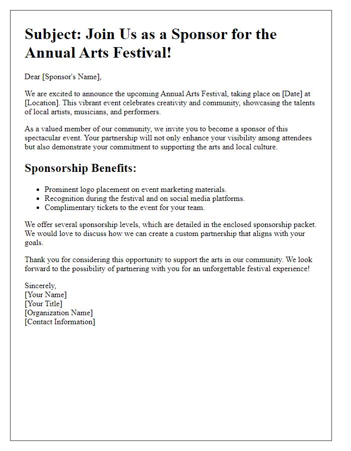 Letter template of sponsorship opportunity for arts festival