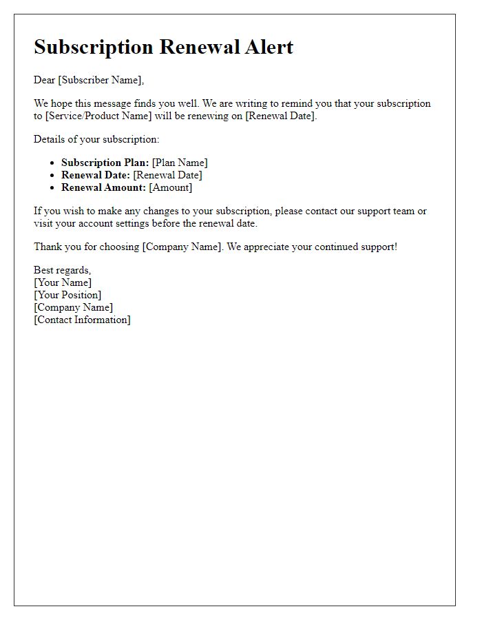 Letter template of subscription renewal alert