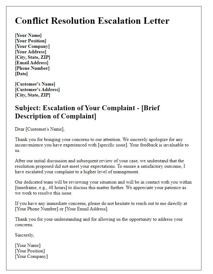 Letter template of conflict resolution escalation for customer complaints