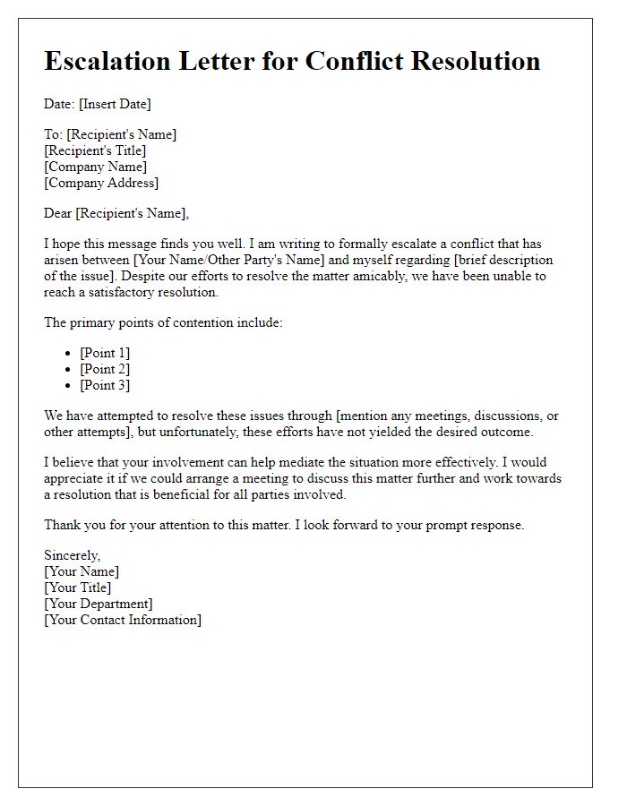 Letter template of escalation for conflict resolution in workplace disputes