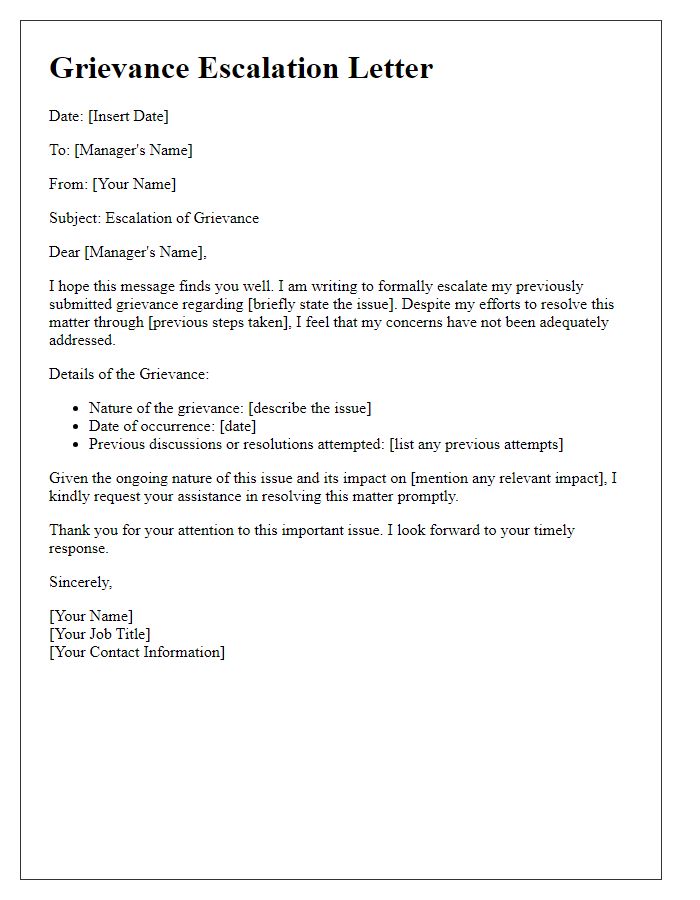 Letter template of escalation for grievance procedures