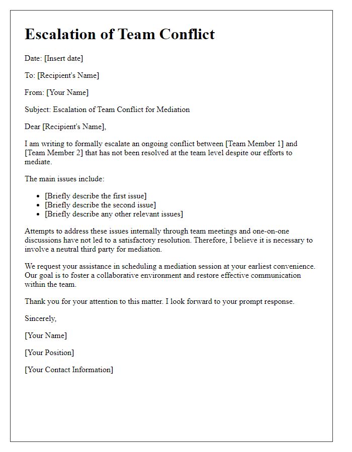 Letter template of escalation for team conflict mediation