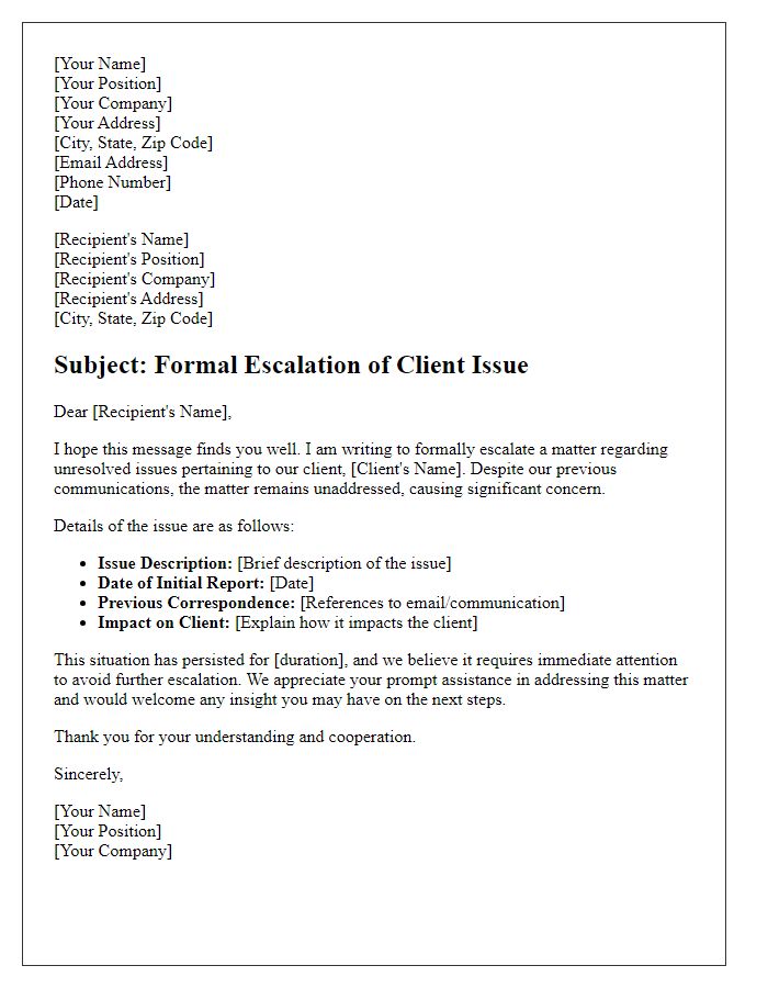 Letter template of formal escalation for unresolved client issues