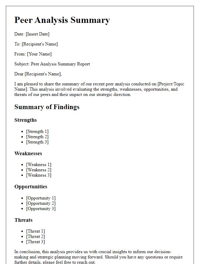 Letter template of peer analysis summary