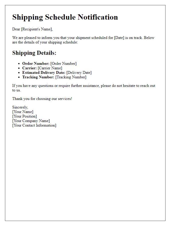 Letter template of shipping schedule notification