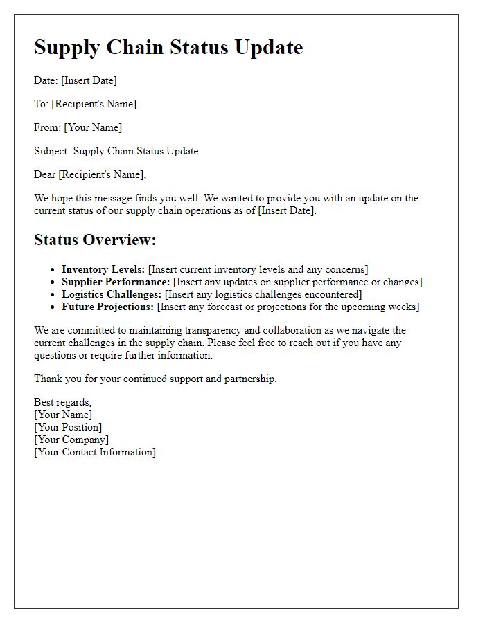 Letter template of supply chain status update