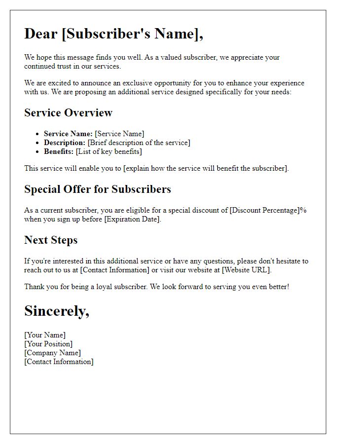 Letter template of additional service proposal for current subscribers.