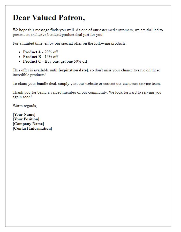 Letter template of bundled product deal for valued patrons.