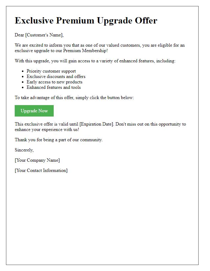 Letter template of Exclusive Premium Upgrade Offer