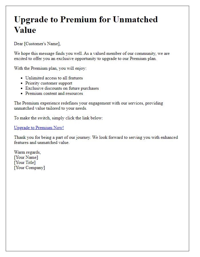 Letter template of Upgrade to Premium for Unmatched Value