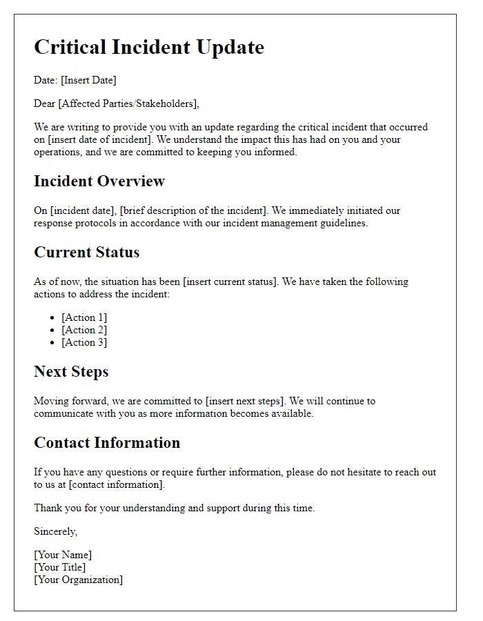 Letter template of critical incident update for affected parties