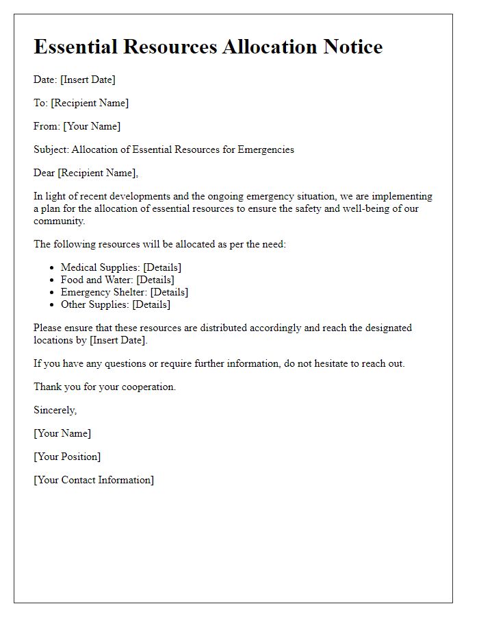 Letter template of essential resources allocation notice for emergencies