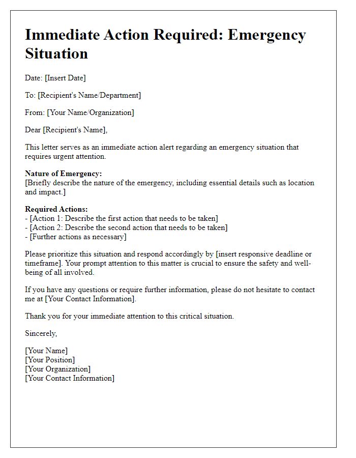 Letter template of immediate action alert for emergency situations