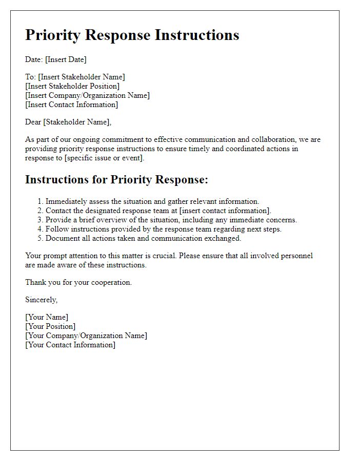 Letter template of priority response instructions for stakeholders