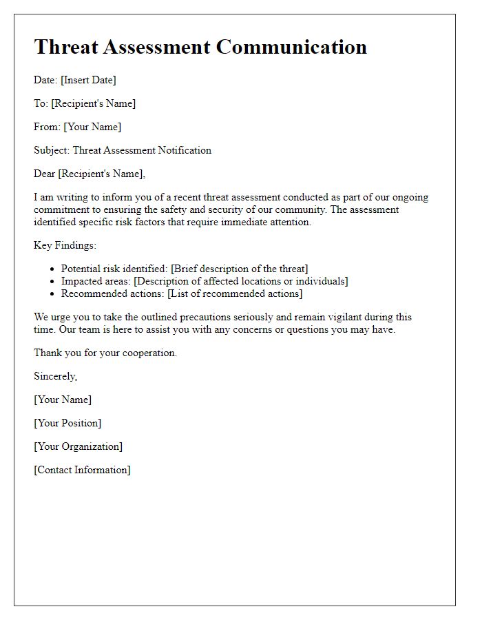 Letter template of prompt threat assessment communication