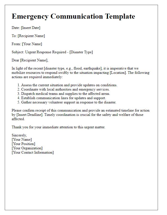 Letter template of rapid communication for disaster response