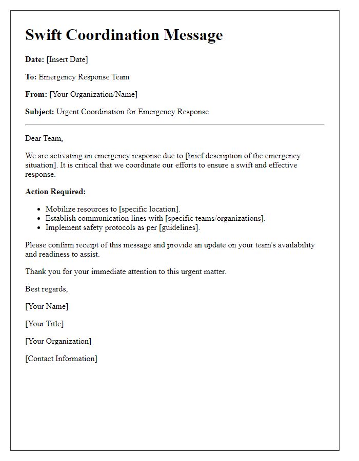 Letter template of swift coordination message for emergency teams