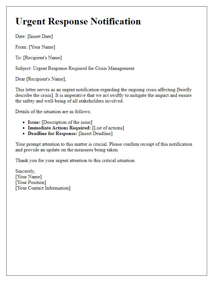 Letter template of urgent response notification for crisis management