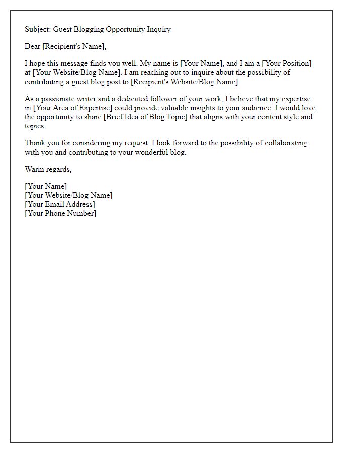 Letter template of inquiry for guest blogging opportunity