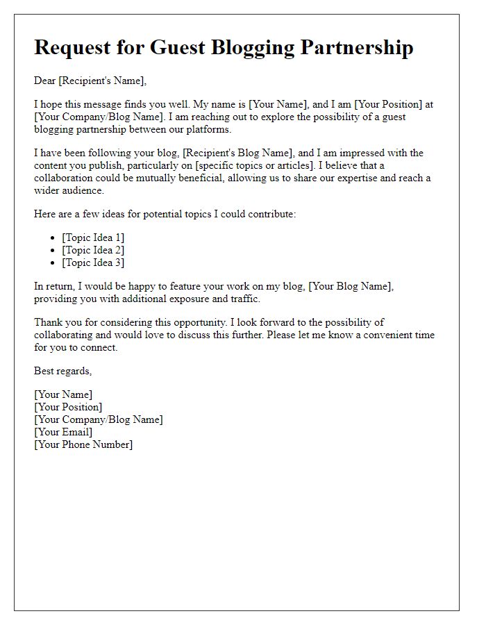 Letter template of request for guest blogging partnership