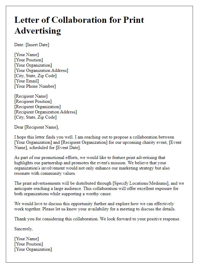 Letter template of print advertising collaboration for charity events